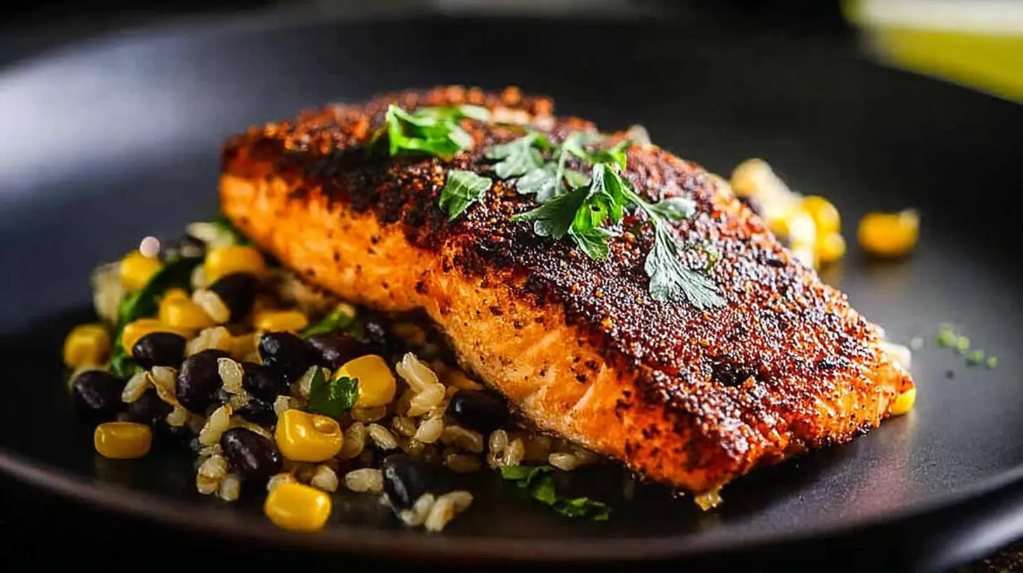 A succulent blackened salmon portion on a white plate, ready to serve.