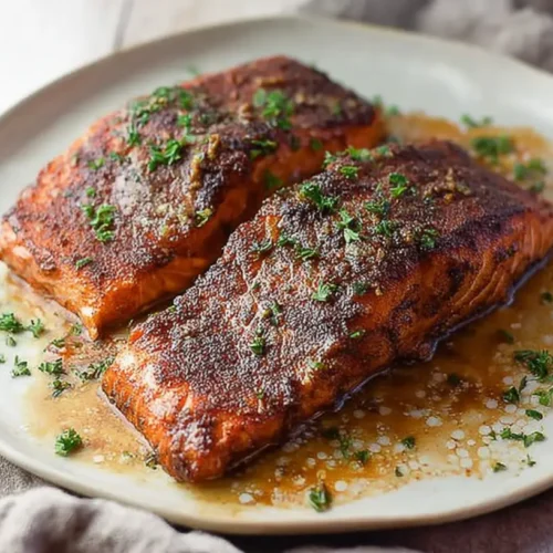 A close-up of a perfectly cooked savory Cajun spiced salmon fillet.