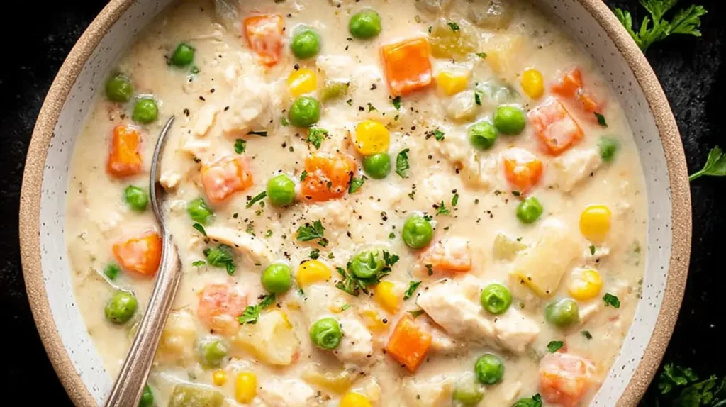 Close-up of a rich chicken pot pie soup, ready to eat