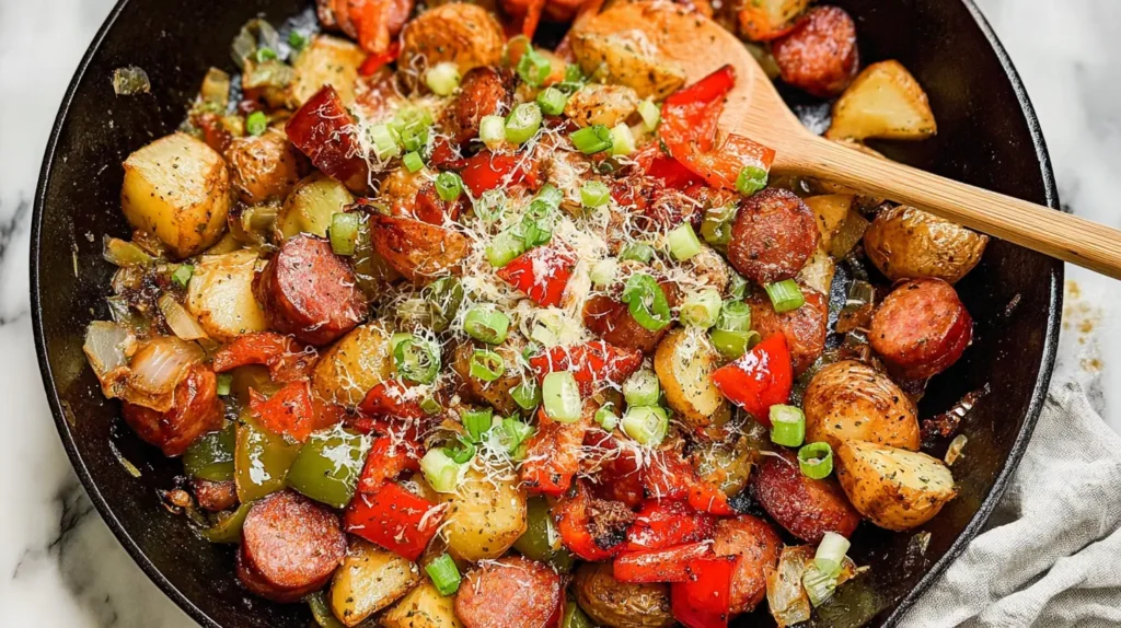 Freshly cooked sausage and potatoes dish, ready to be served