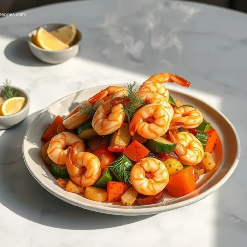 Sheet pan shrimp and veggie bake with colorful vegetables