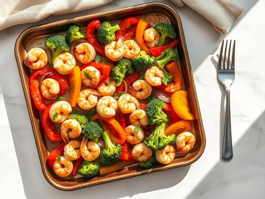 Sheet pan shrimp and veggie bake with colorful vegetables