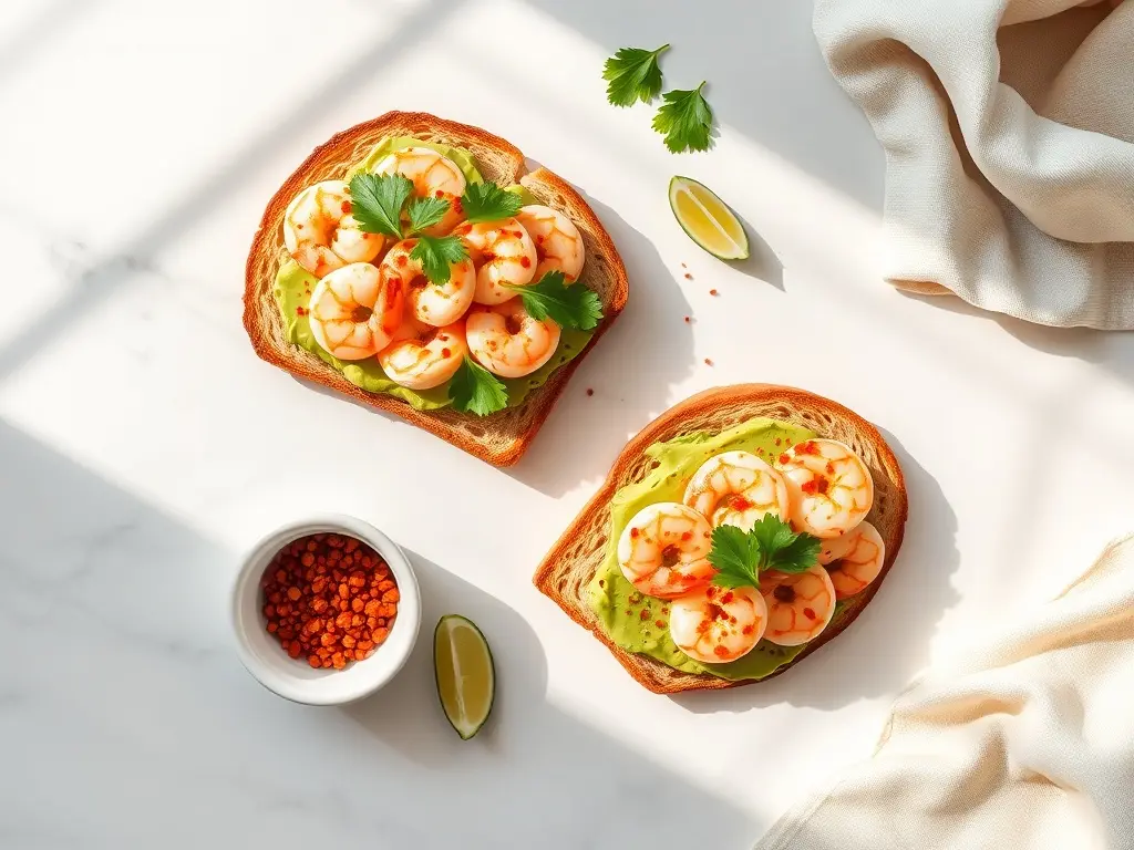 Delicious Shrimp Avocado Toast with Chili Flakes