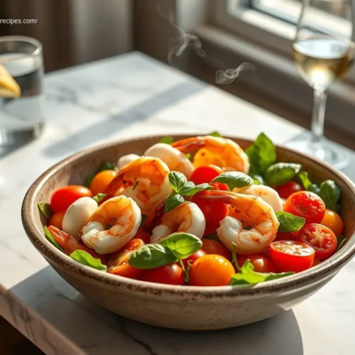 Delicious shrimp caprese salad bowl overhead view