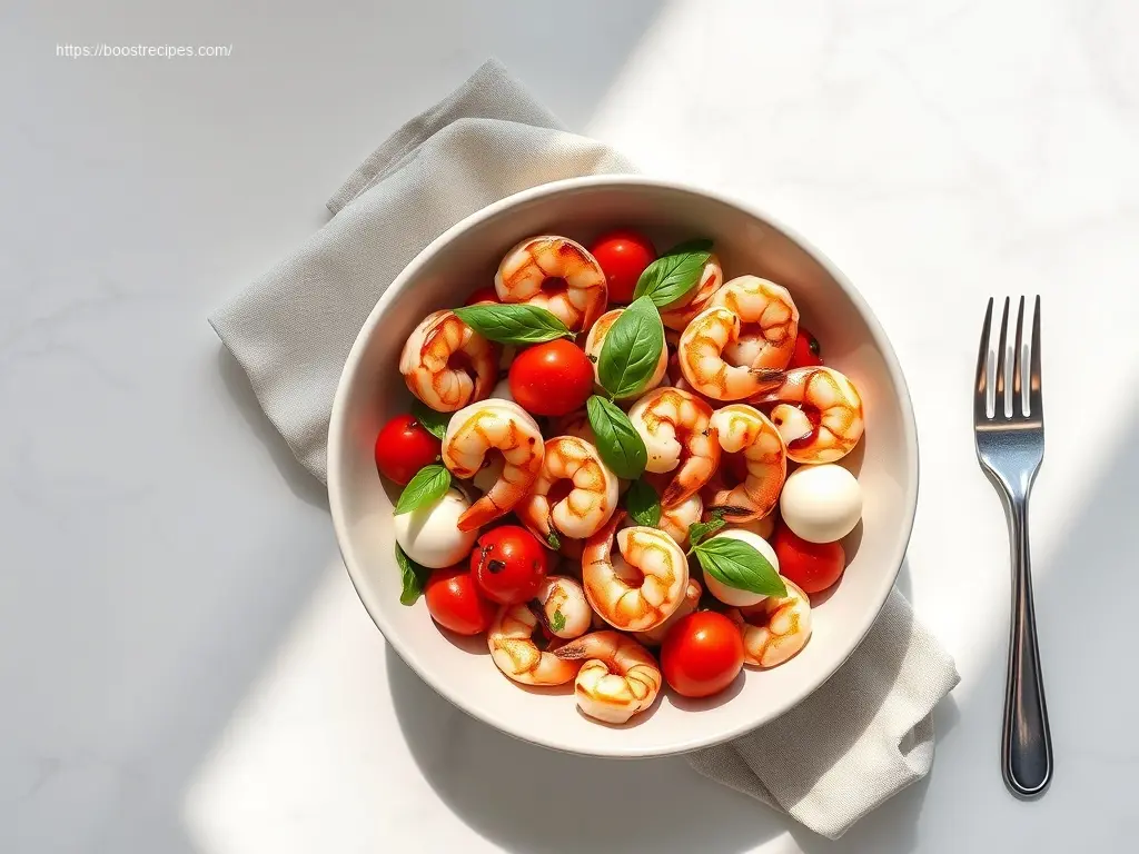 Delicious shrimp caprese salad bowl overhead view