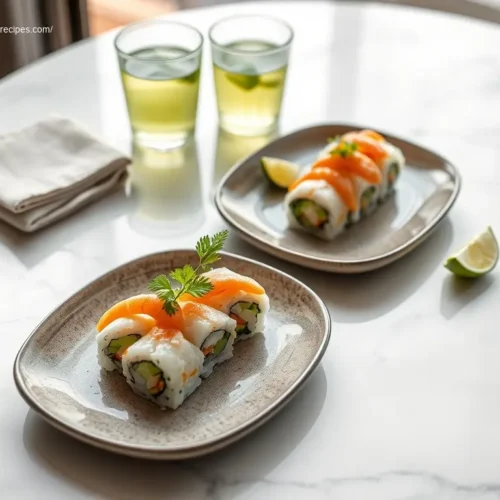 Shrimp and Cucumber Sushi Rolls on white platter