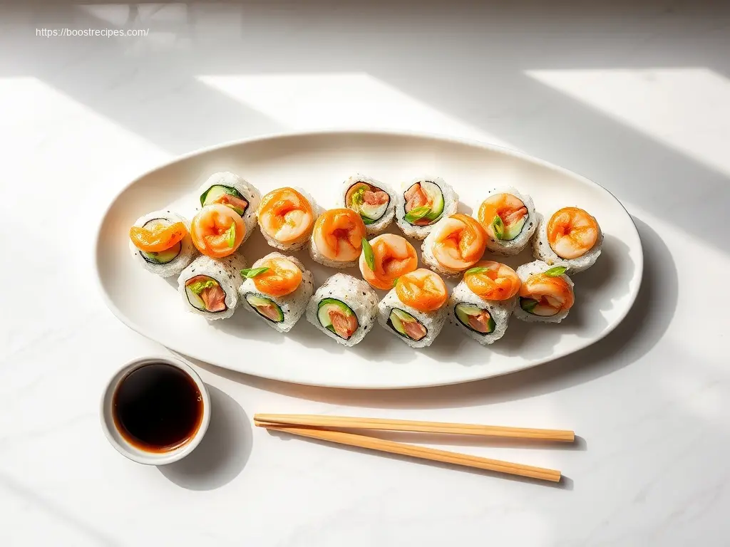 Shrimp and Cucumber Sushi Rolls on white platter