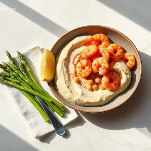 Shrimp Hummus Veggie Plate overhead shot
