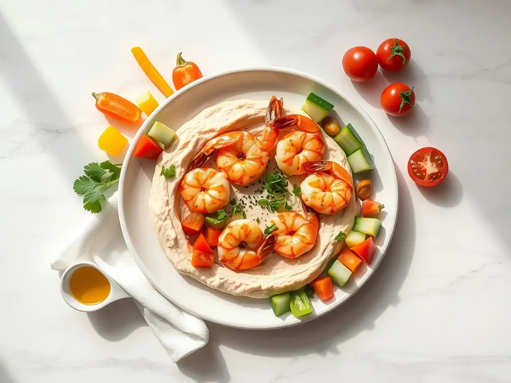 Shrimp Hummus Veggie Plate overhead shot