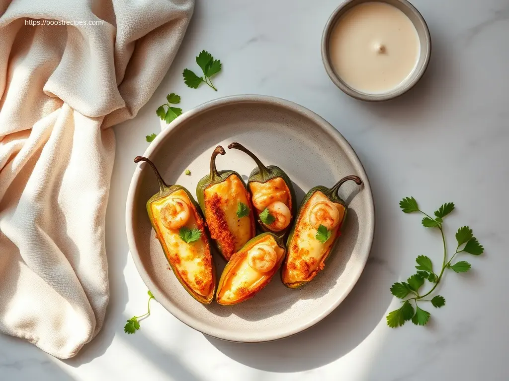Delicious Shrimp Cheese Stuffed Jalapenos flatlay on marble