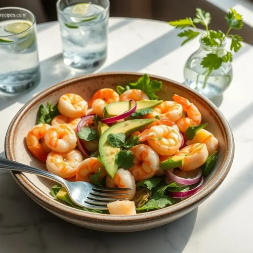 Delicious Shrimp and Avocado Salad with Lime in white bowl