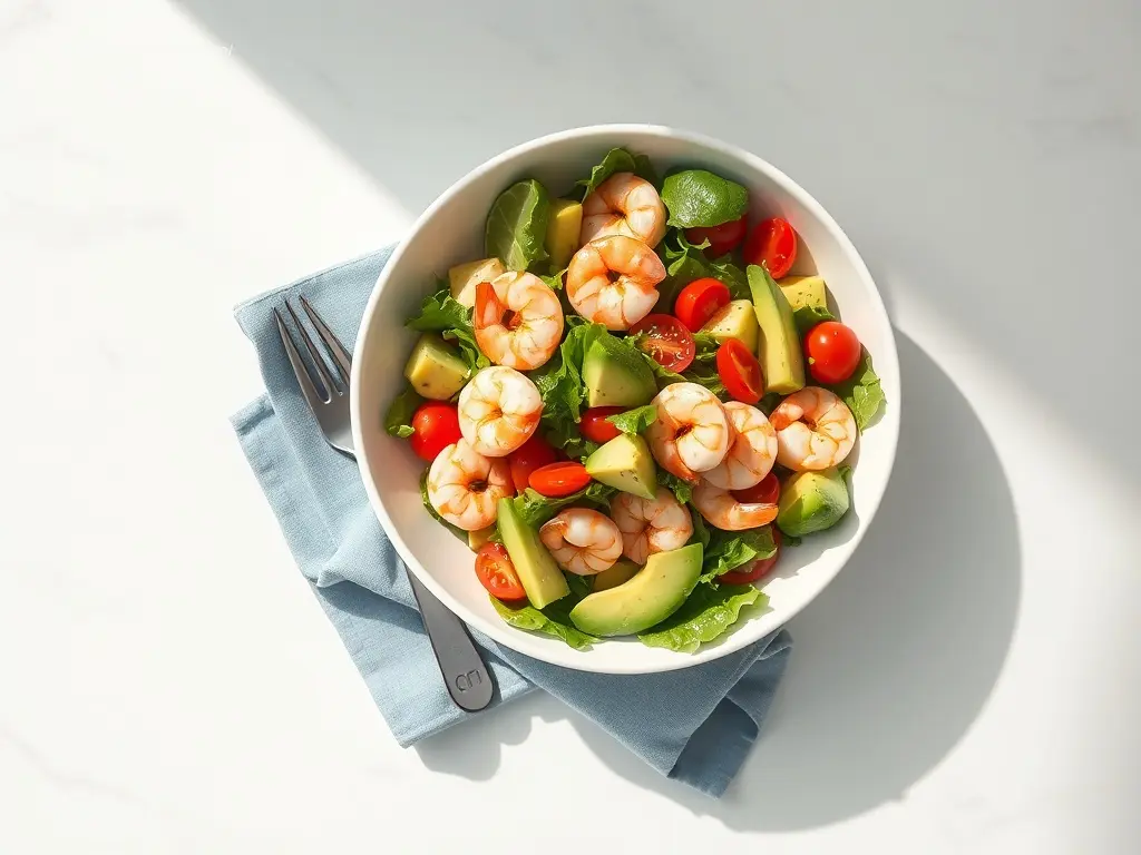 Delicious Shrimp and Avocado Salad with Lime in white bowl