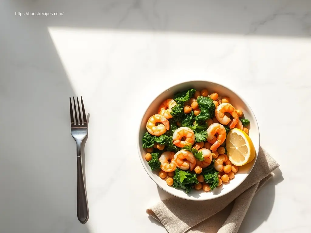 Shrimp Power Bowl with Kale and Chickpeas overhead