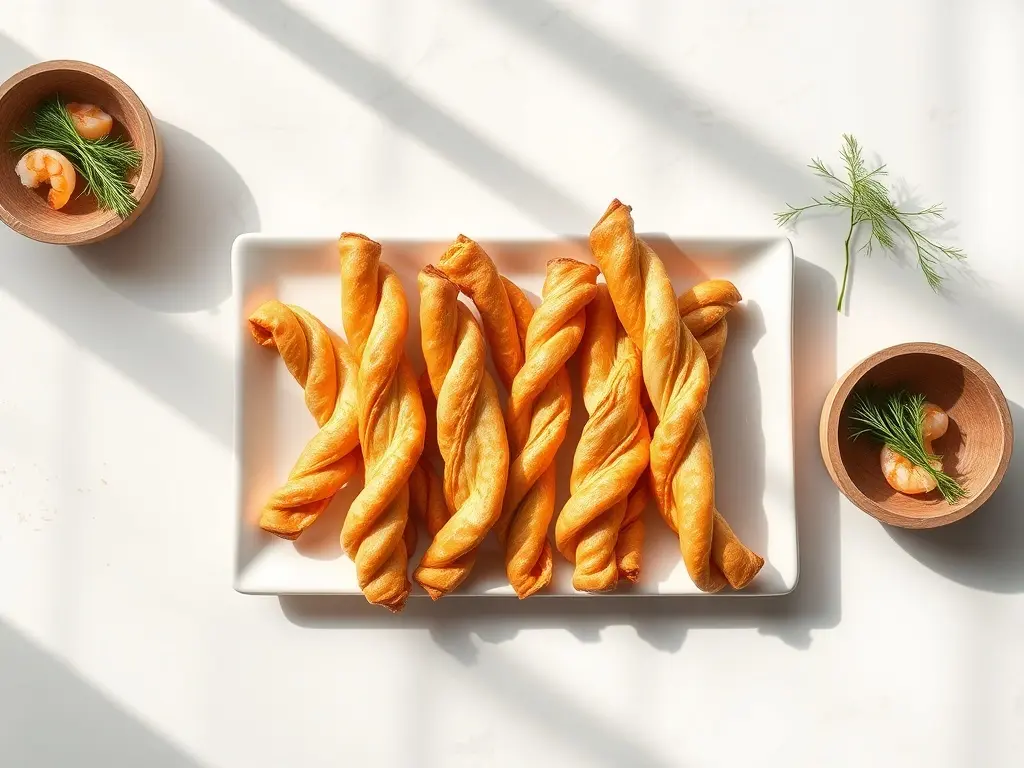 Delicious Shrimp Puff Pastry Twists on a white platter