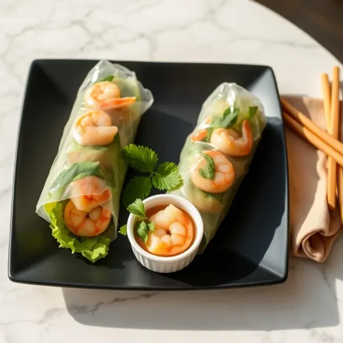 Shrimp summer rolls with peanut dip overhead view
