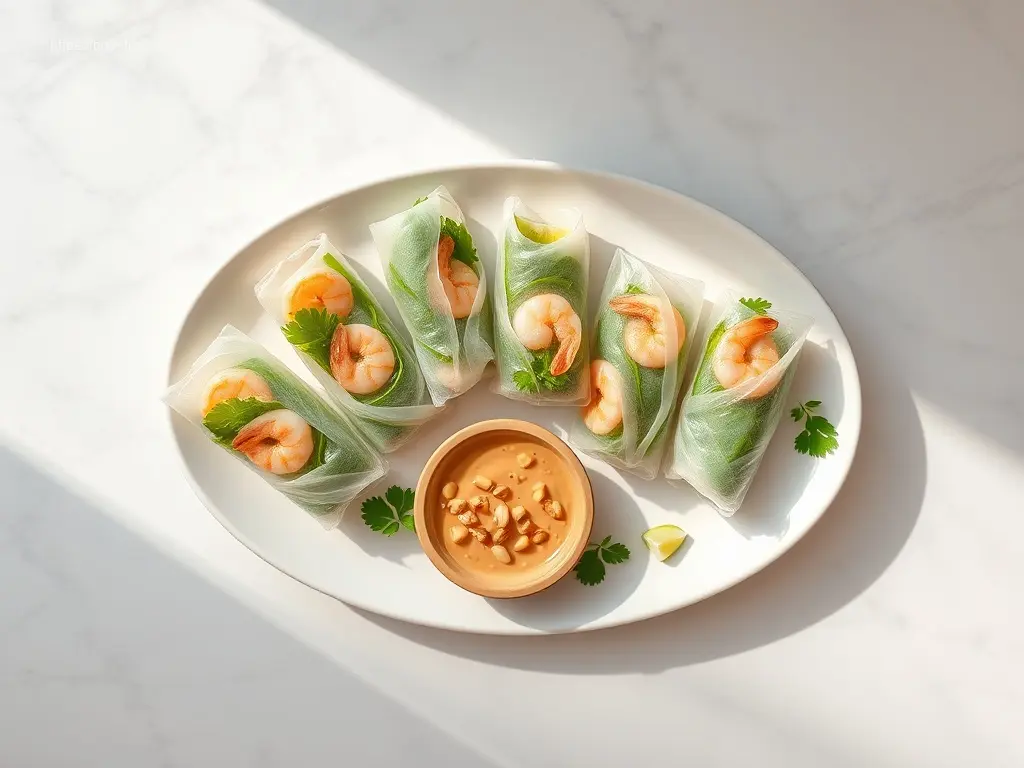 Shrimp summer rolls with peanut dip overhead view
