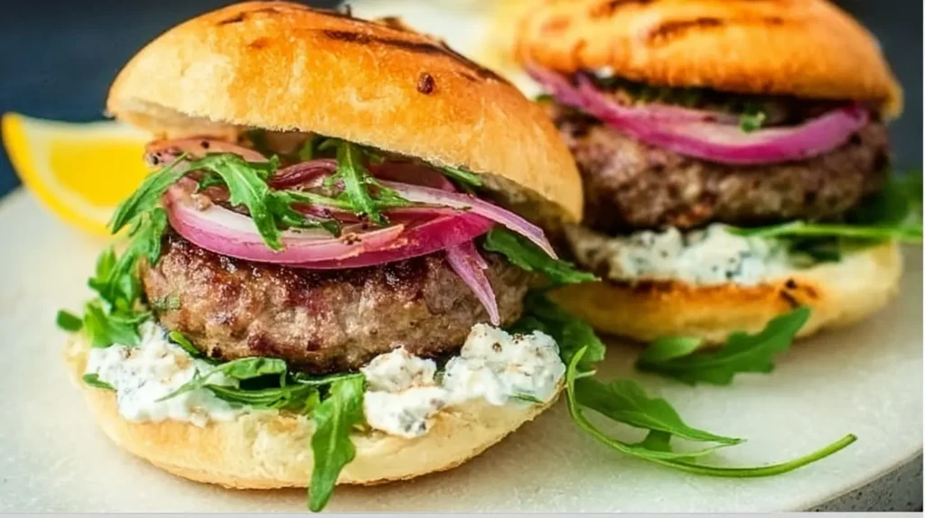 Stacked garlic smash burgers sizzling on a griddle, ready to serve.