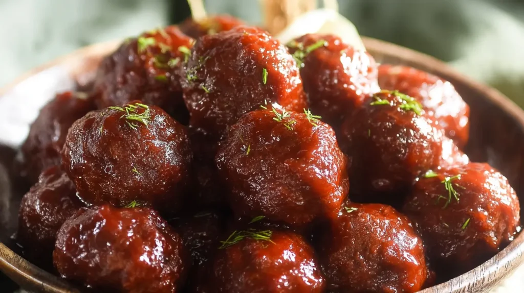 Tender slow cooker meatballs simmering in a rich tomato-based sauce.