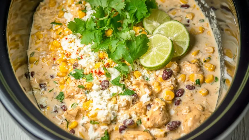 Cooked slow cooker street corn chicken with fresh cilantro topping.