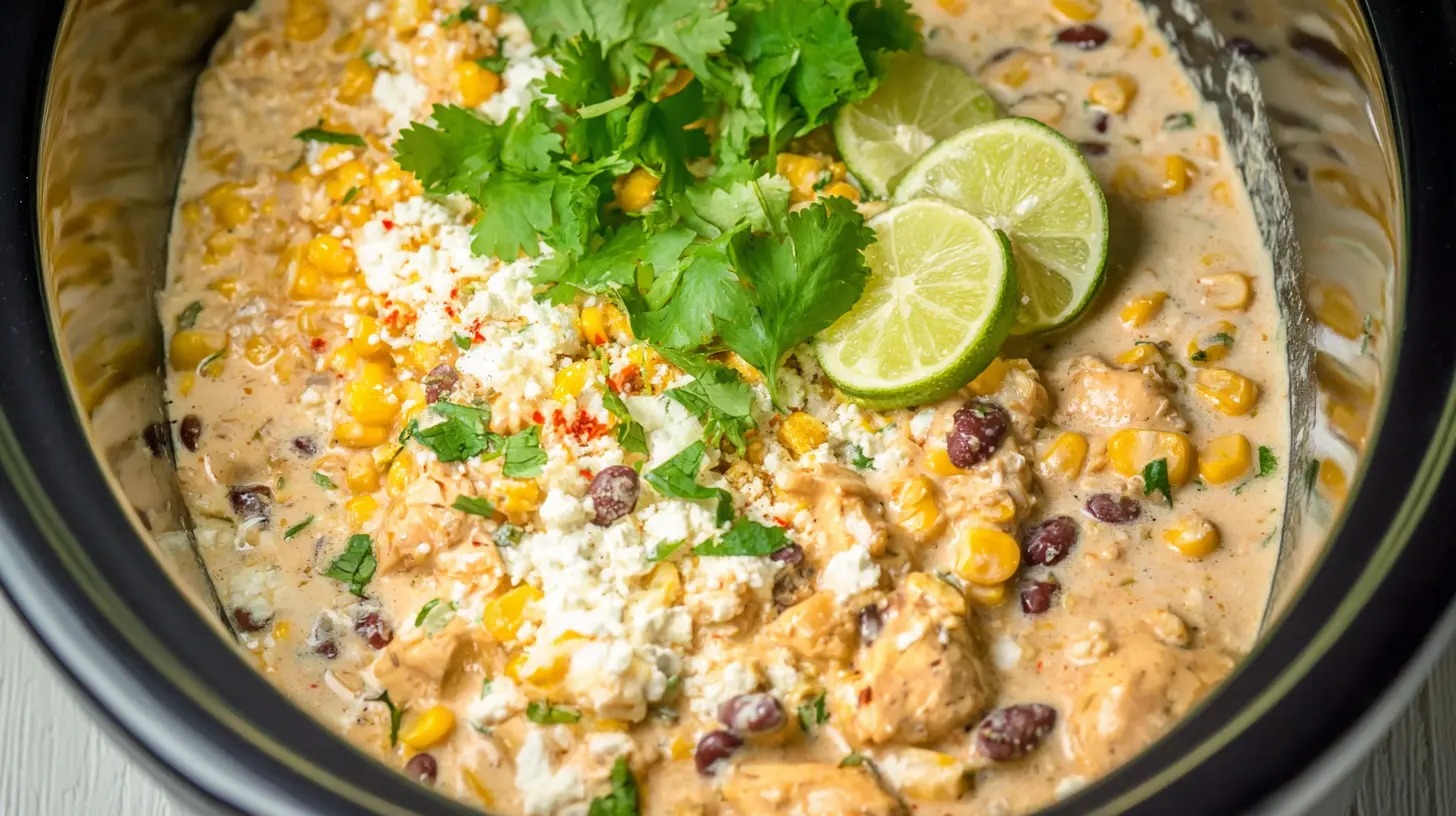 Cooked slow cooker street corn chicken with fresh cilantro topping.
