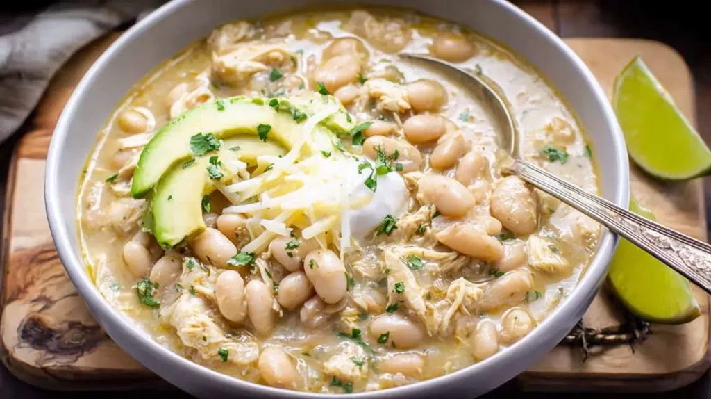 Creamy slow cooker white chicken chili garnished with fresh cilantro and a dollop of sour cream.