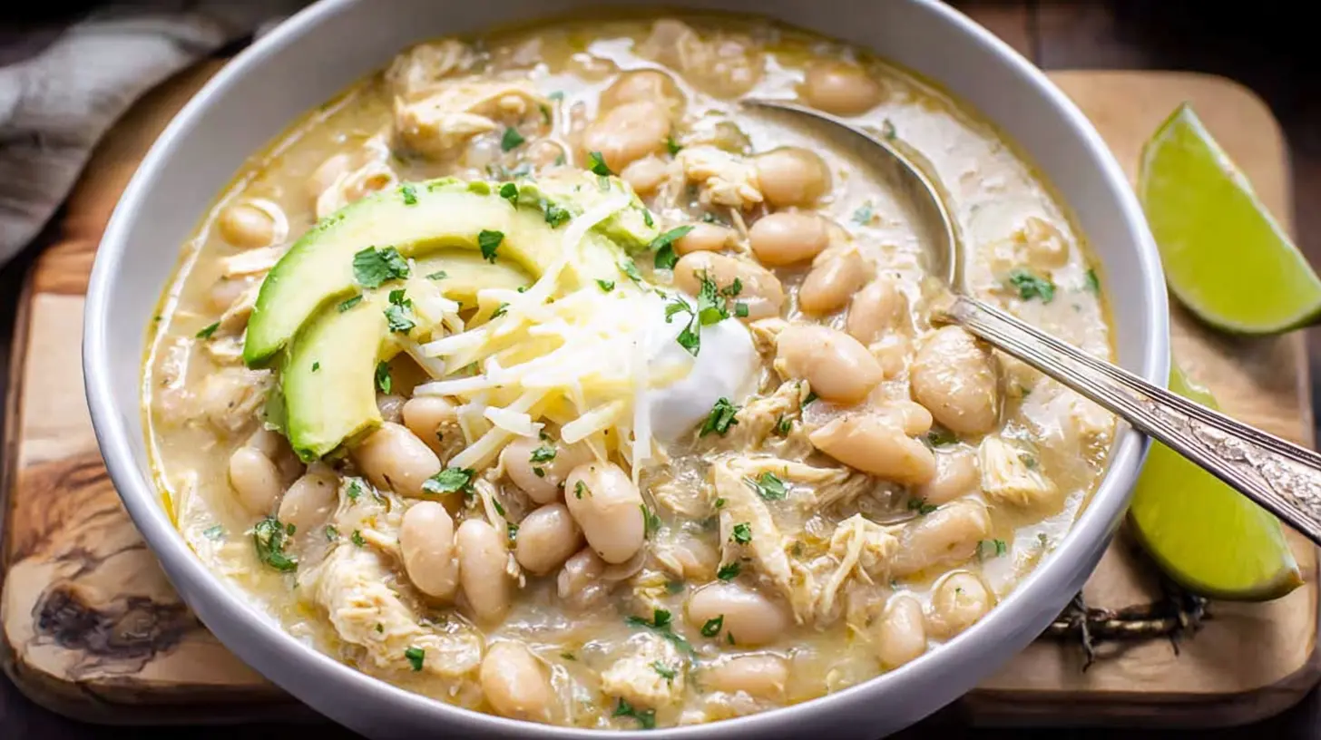 Creamy slow cooker white chicken chili garnished with fresh cilantro and a dollop of sour cream.
