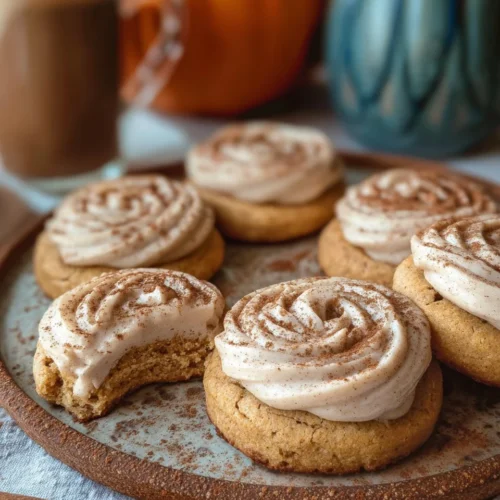 Delicious soft pumpkin cookies with cinnamon frosting on a dessert plate.