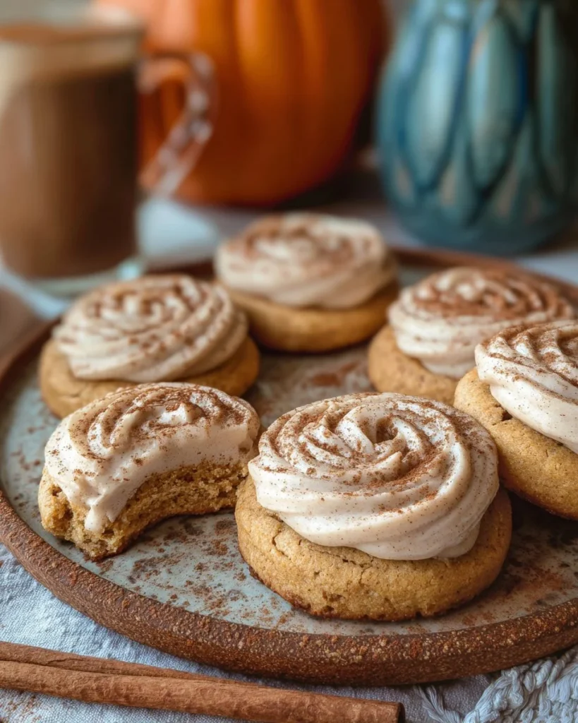 Delicious soft pumpkin cookies with cinnamon frosting on a dessert plate.