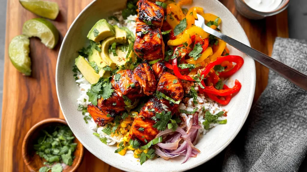 Overhead view of two healthy chili lime salmon bowls on a dining table.