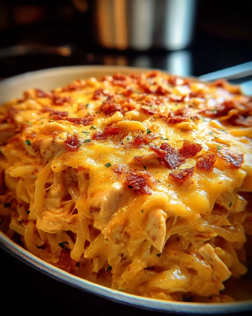 Spicy Southern Cheesy Chicken Spaghetti Casserole served in a baking dish