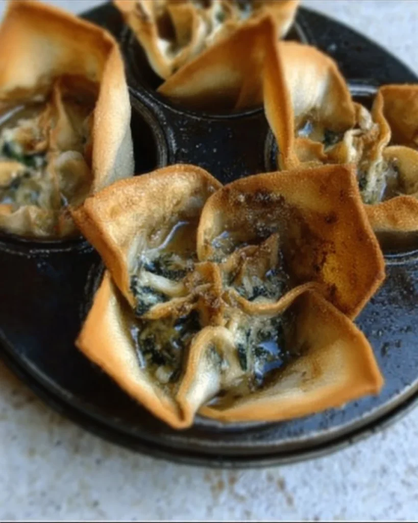 Delicious spinach and artichoke wonton cups served on a platter.