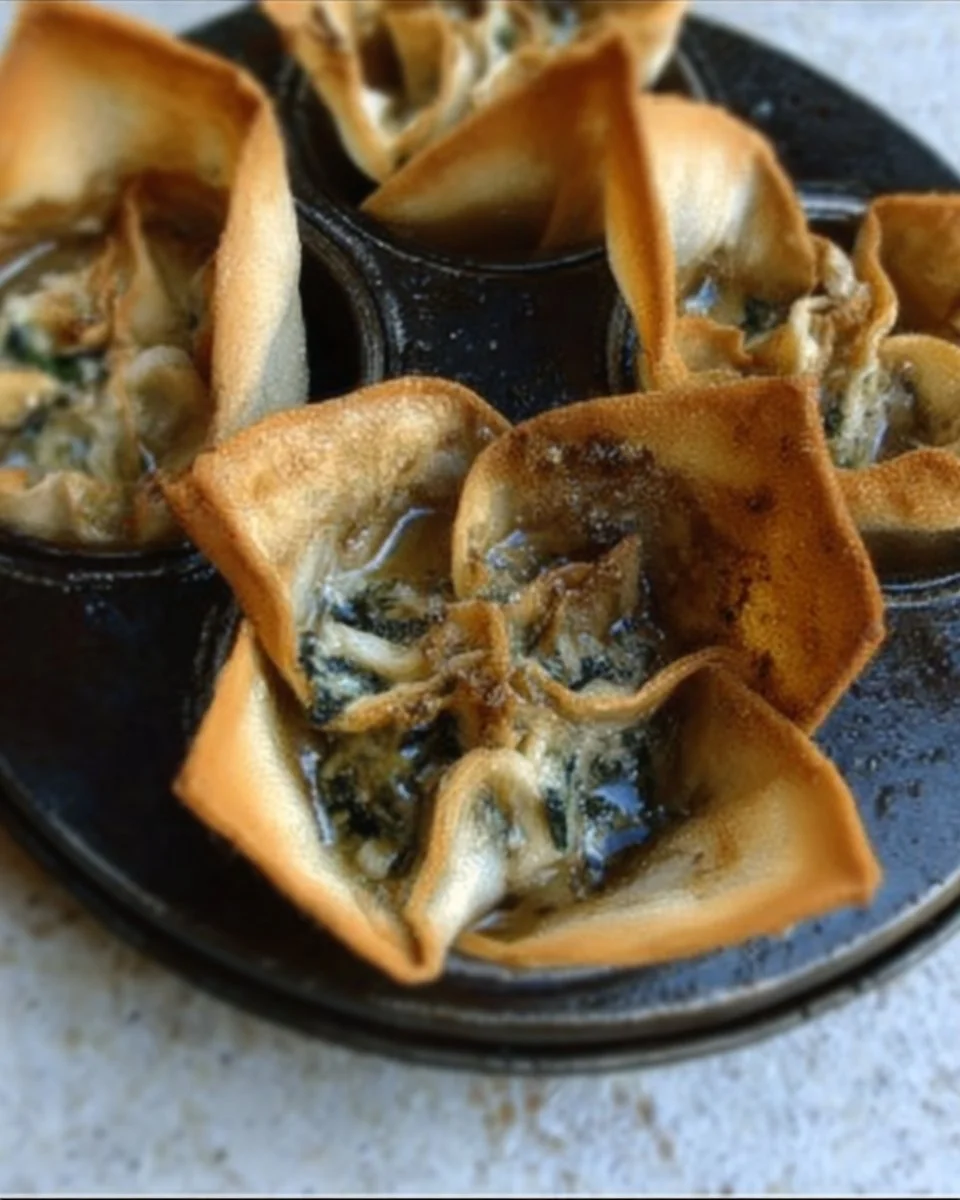 Delicious spinach and artichoke wonton cups served on a platter.