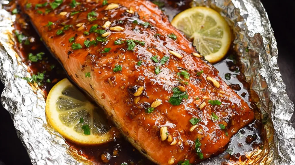 Deliciously prepared brown sugar and soy sauce salmon, ready to be served.
