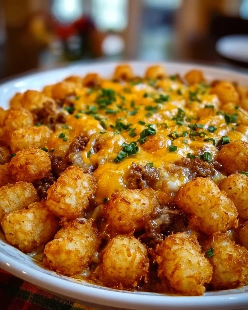 Tater Tot Casserole topped with melted cheese and golden brown tater tots