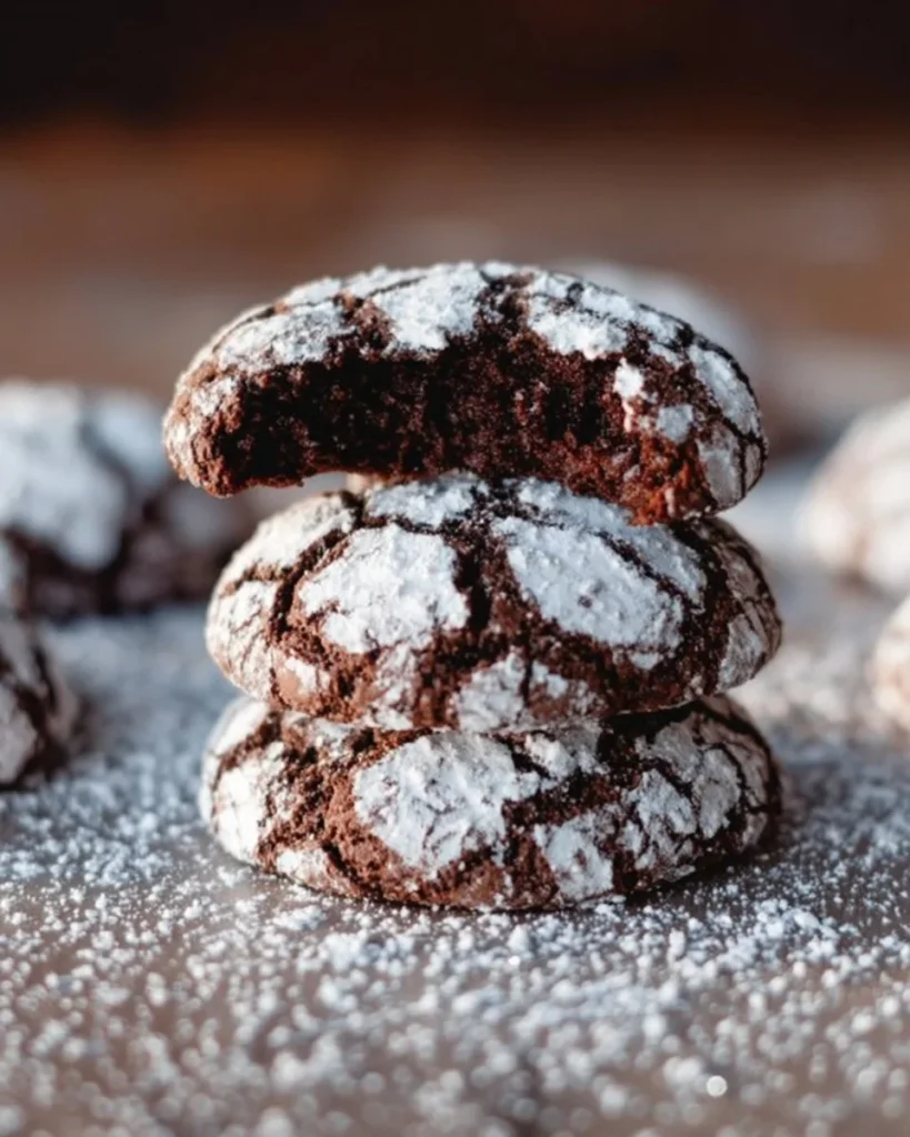 Delicious homemade Chocolate Crinkle Cookies dusted with powdered sugar.
