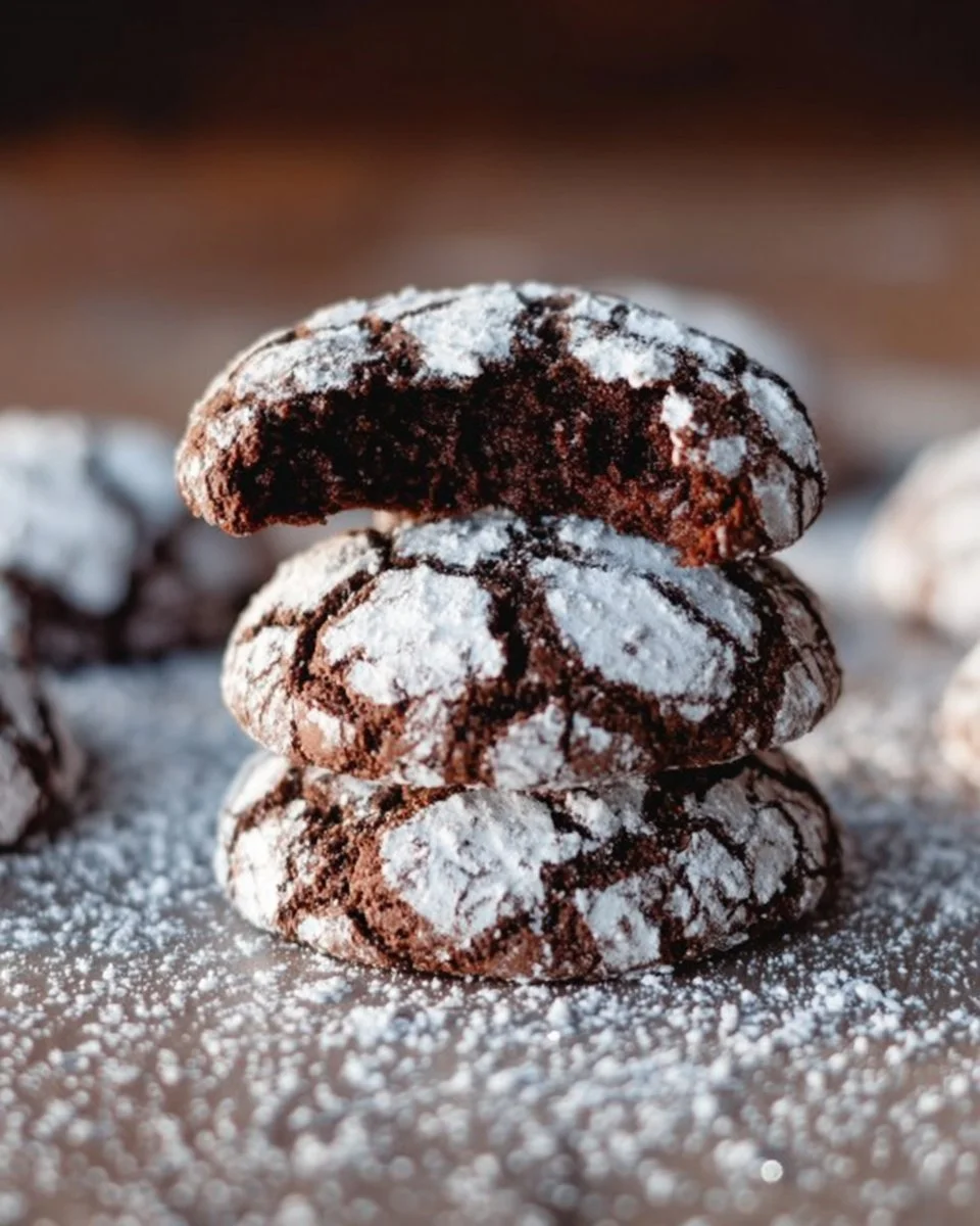 Delicious homemade Chocolate Crinkle Cookies dusted with powdered sugar.