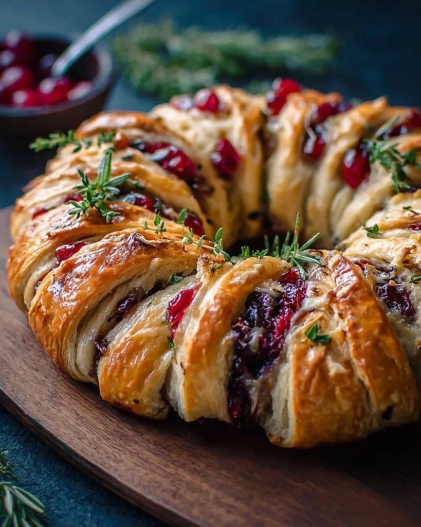 Turkey Cranberry Crescent Ring topped with fresh herbs on a white plate