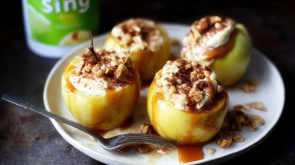 Golden-brown baked apples filled with creamy cheesecake mixture