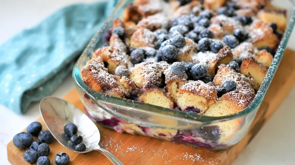 Close-up of baked Blueberry Lemon French Toast Casserole with fresh berries