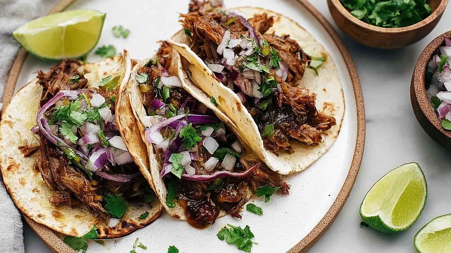 Plate filled with freshly prepared carnitas tacos stacked together