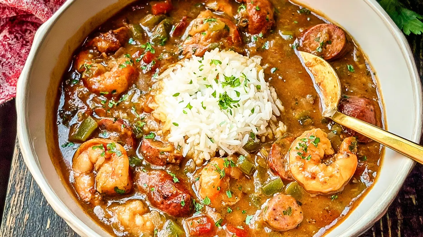 Close-up of a rich, roux-based gumbo recipe with rice and shellfish