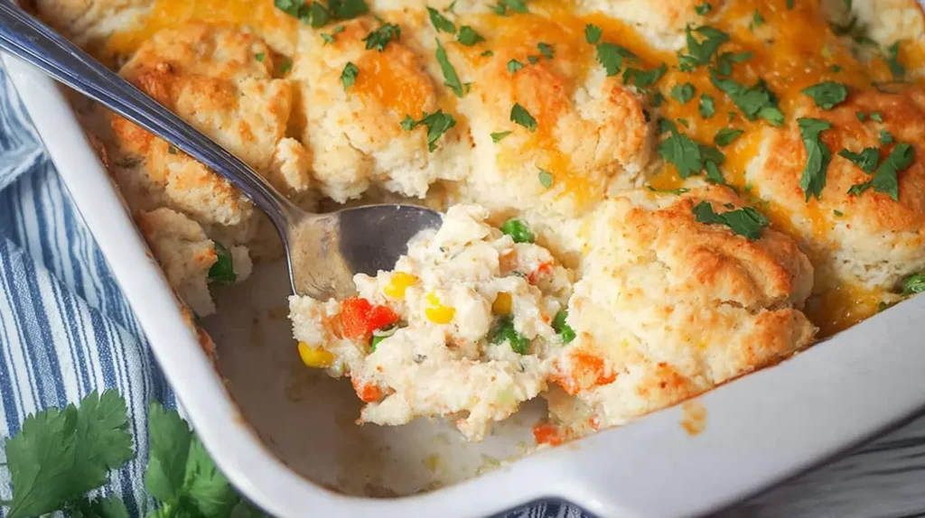 Close-up of a bubbling Red Lobster Biscuit Chicken Pot Pie, ready to serve.