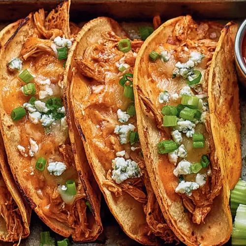 Close-up of buffalo chicken tacos with blue cheese crumbles