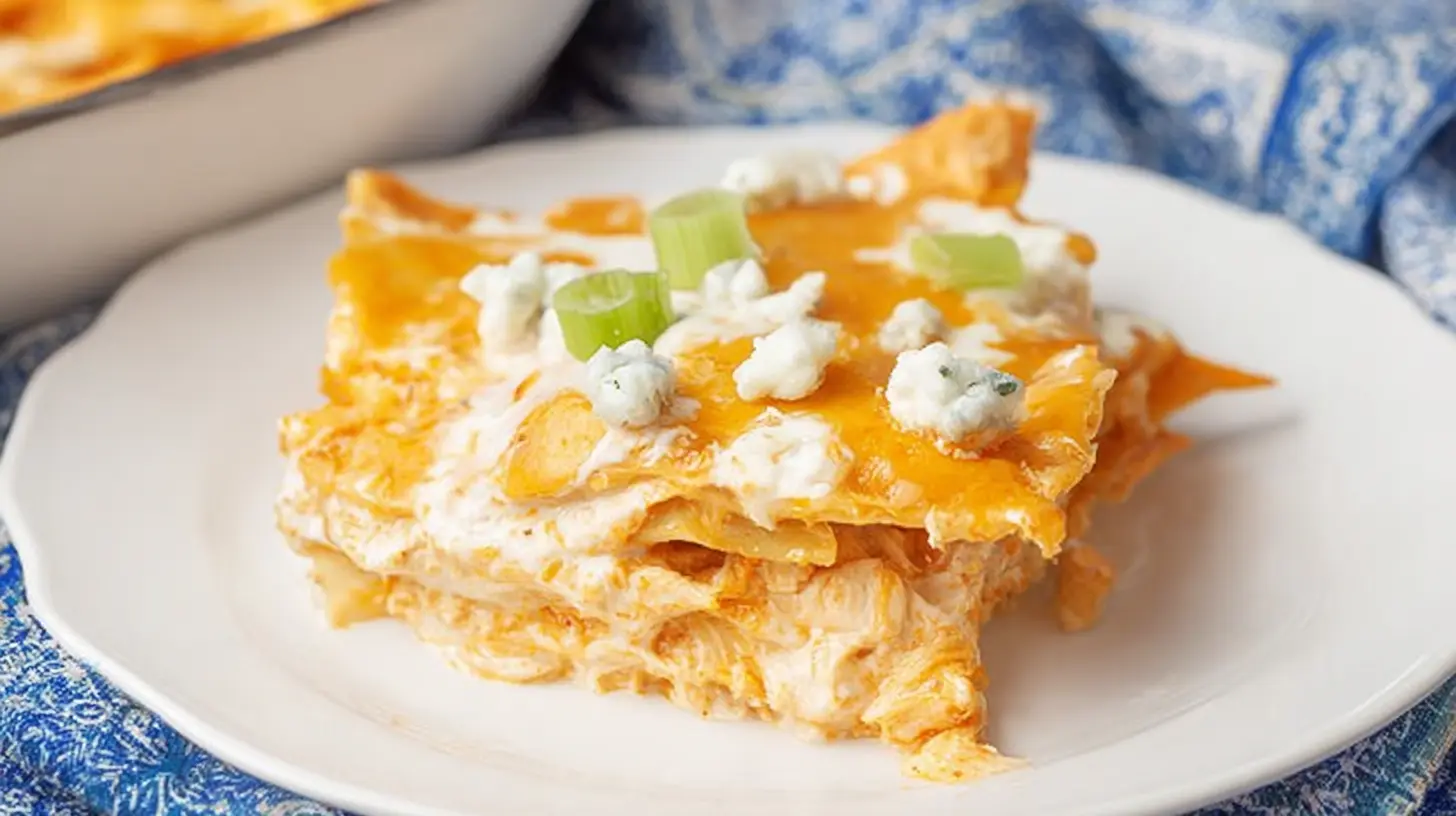 Golden-brown cheesy buffalo ranch chicken lasagna fresh from the oven, ready to serve