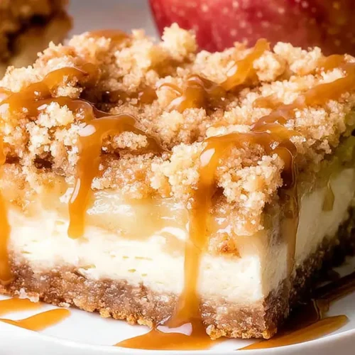 Decadent Caramel Apple Cheesecake Bars, perfect for a fall dessert.