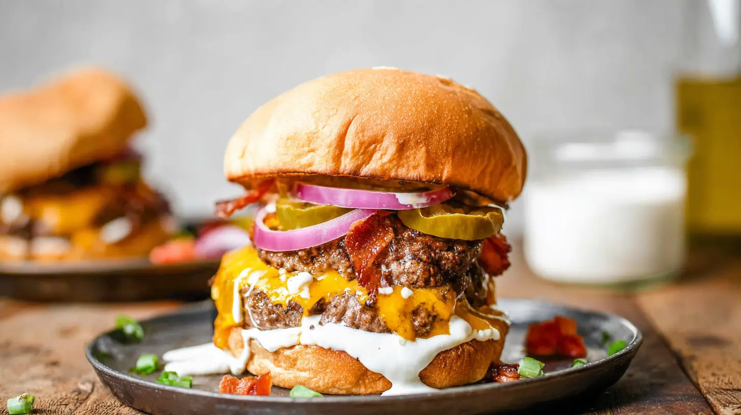 Cheeseburger ranch presented on a plate, featuring melted cheese and a creamy sauce