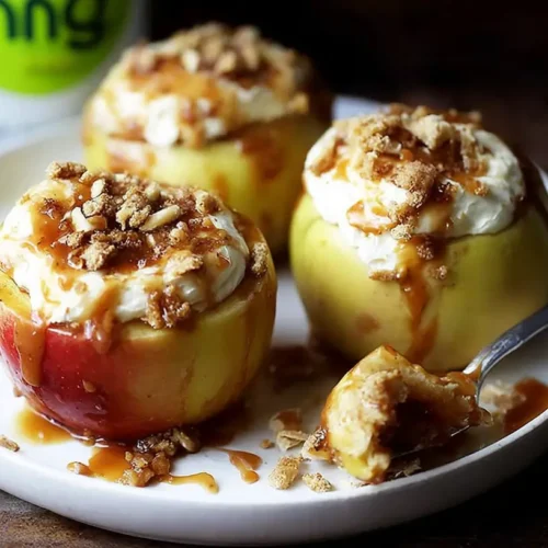 Delicious cheesecake stuffed baked apples, garnished with nuts