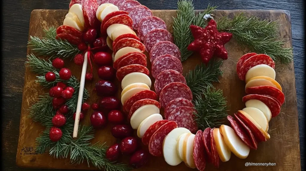 Delicious Christmas appetizers elegantly presented on a table adorned with holiday decorations.