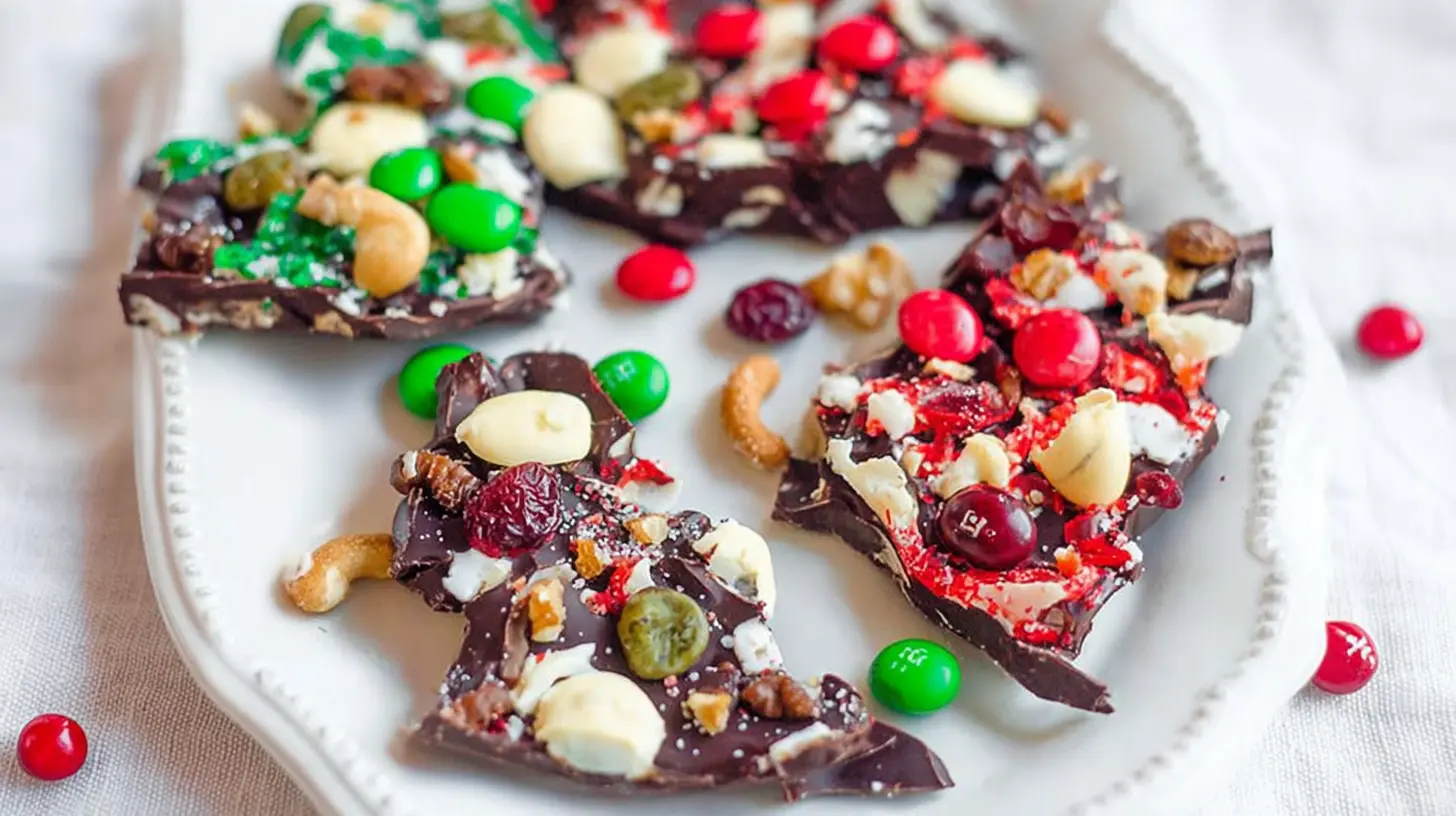 Holiday-themed layers of chocolate and toppings create a festive Christmas bark.