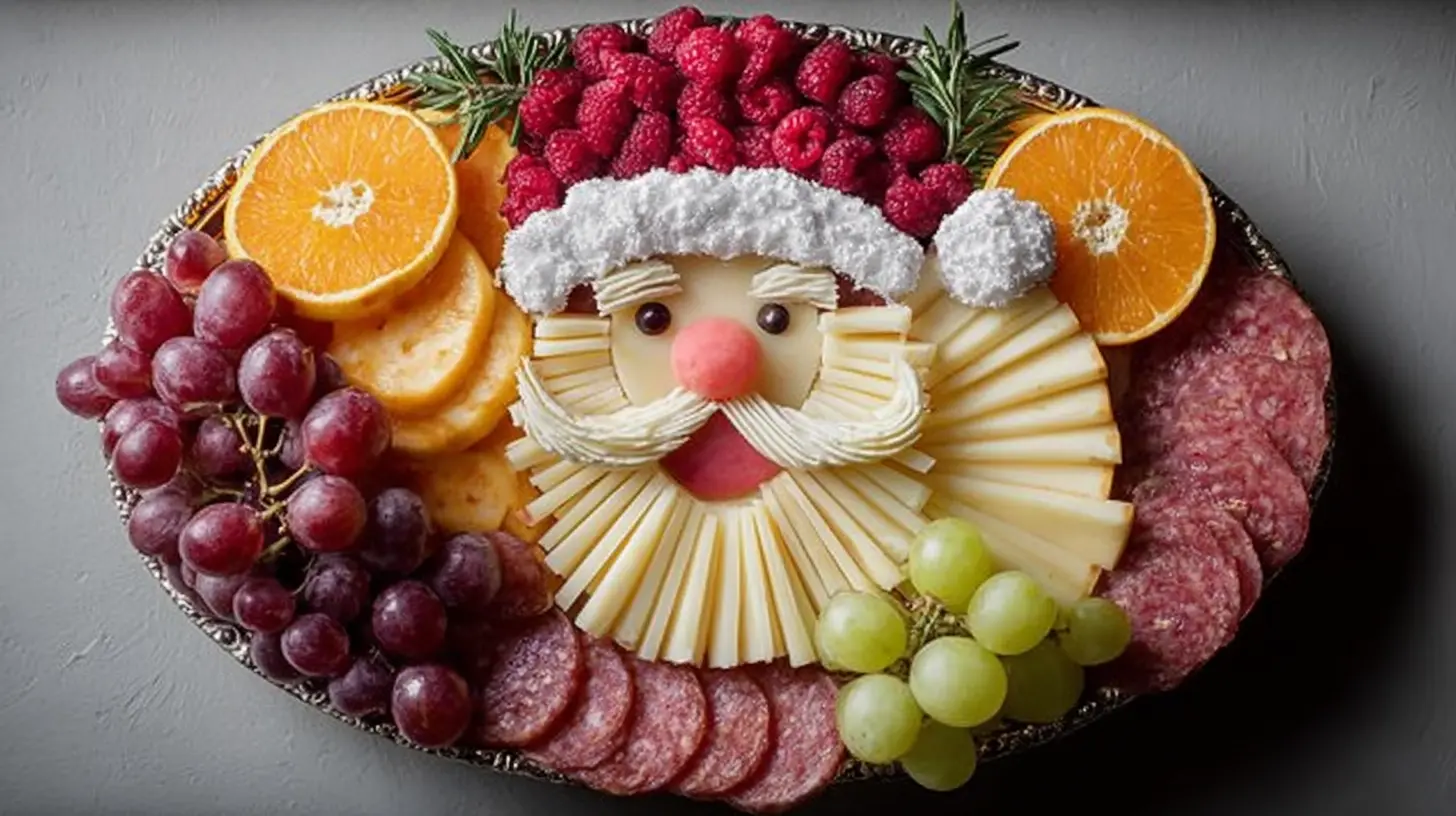An assortment of fresh fruits on a large tray, perfect for Christmas food